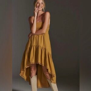 Anthropologie Maeve High Low Strapless Midi Dress tiered Boho mustard XXS